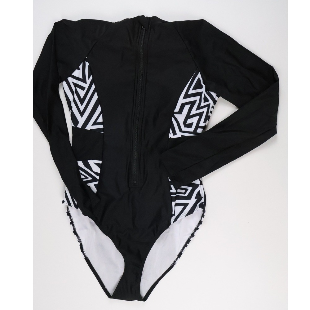 WhaleGirl Rash Guard One Piece Swimsuit Black Geometric Long Sleeve NEW